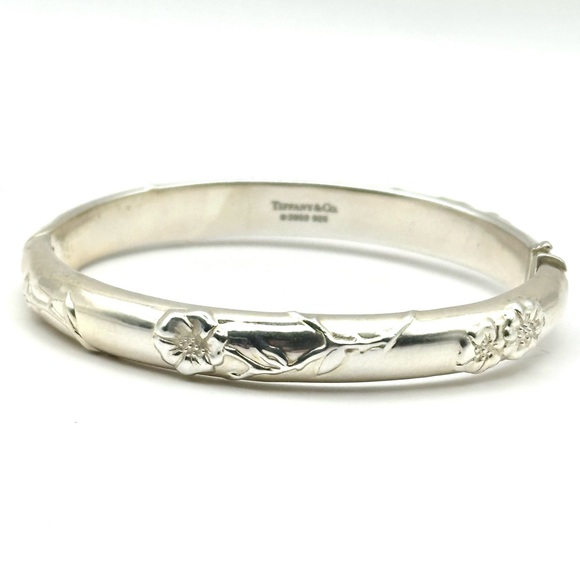 Tiffany & Co Vintage Silver Nature Rose Flower Hinged Bangle Bracelet 2003 - Picture 1 of 10